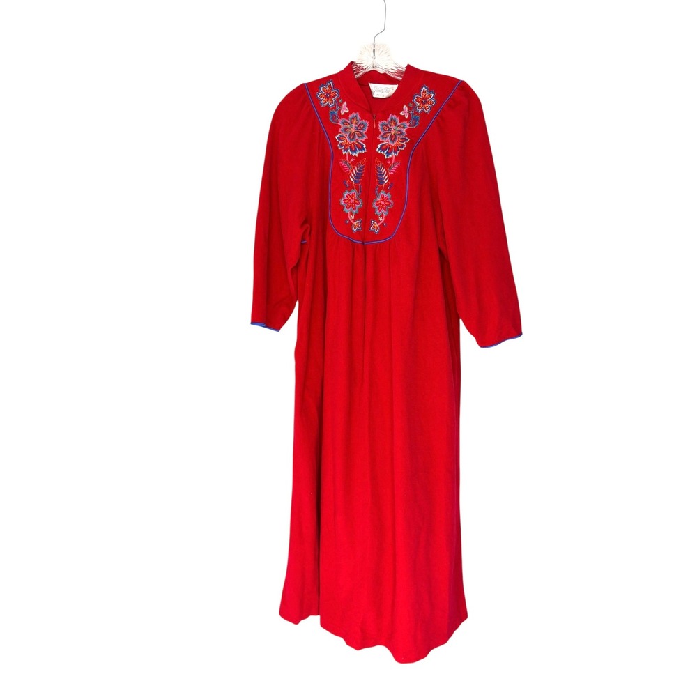 Vanity‎ Fair Petties Long Robe Red Embroidered Full Zip Velvet Loungewear Small